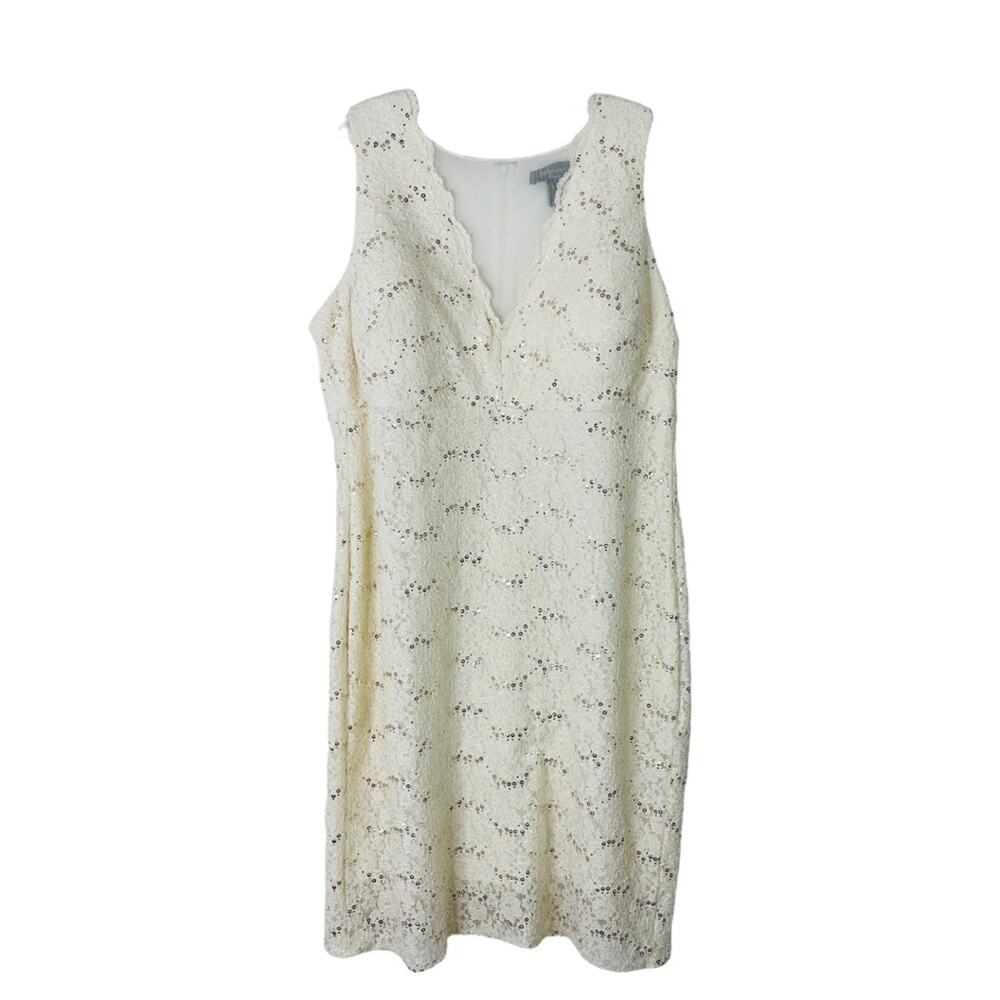 R & M Richards cream gold lace sequin evening wedding holiday midi dress 16W